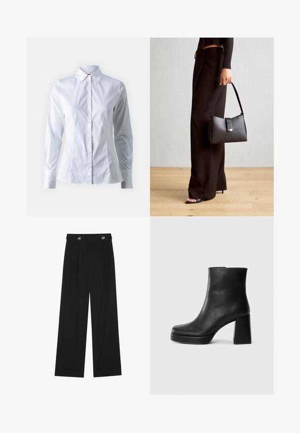 Cămașă albă cu mâneci lungi, guler în formă de punct, design ajustat, material din bumbac fin și închidere cu nasturi în față.; Pantaloni negri cu picioare largi, talie înaltă, detalii cu butoane pe talie și pliseuri în față.; Botină din piele neagră, cu toc pătrat și talpă platformă, văzută din lateral pe un fundal alb simplu.; Genți negre cu o formă structurată, textură netedă și un închizător metalic. Asortată cu pantaloni negri largi și sandale cu vârf deschis pe un podea din lemn.