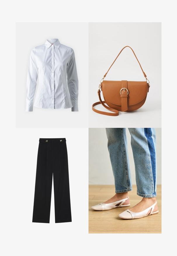 Cămașă albă cu mâneci lungi, guler în formă de punct, design ajustat, material din bumbac fin și închidere cu nasturi în față.; Pantaloni negri cu picioare largi, talie înaltă, detalii cu butoane pe talie și pliseuri în față.; Sandalete plate de un roz pal cu vârf ascuțit, realizate dintr-un material asemănător pielii, neted. Prezintă detalii decupate pe laterale și un toc plat.; Geantă din piele maro, tip crossbody, cu o formă curbată, accesorii aurii și un accent cu cataramă. Dispune de un curea de umăr detașabilă.