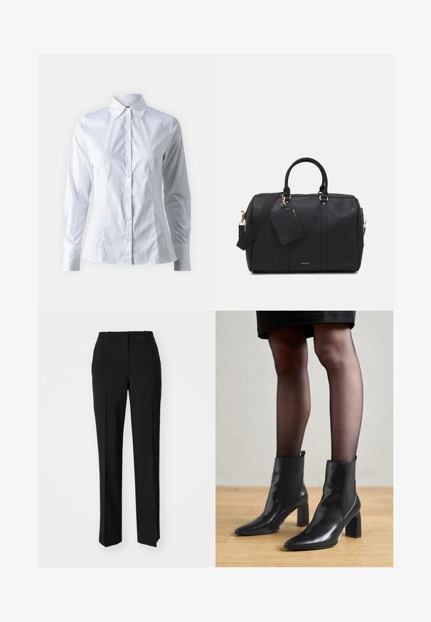 Witte overhemd met lange mouwen, puntkraag, getailleerd ontwerp, gladde katoenstof en sluiting met knopen aan de voorkant.; Zwarte op maat gemaakte broek met een recht model, voorzien van een soepele textuur en scherpe plooien aan de voorkant. Geen zichtbare hardware.; Zwarte leren enkellaarsjes met een spitse neus, stevige vierkante hak en een fraaie uitstraling. Beschikt over elastische zijpanelen voor gemakkelijke aan- en uittrekken.; Zwarte faux leren sporttas met gouden hardware, dubbele bovenhandvatten, verstelbare schouderriem en een verwijderbaar labelvak.