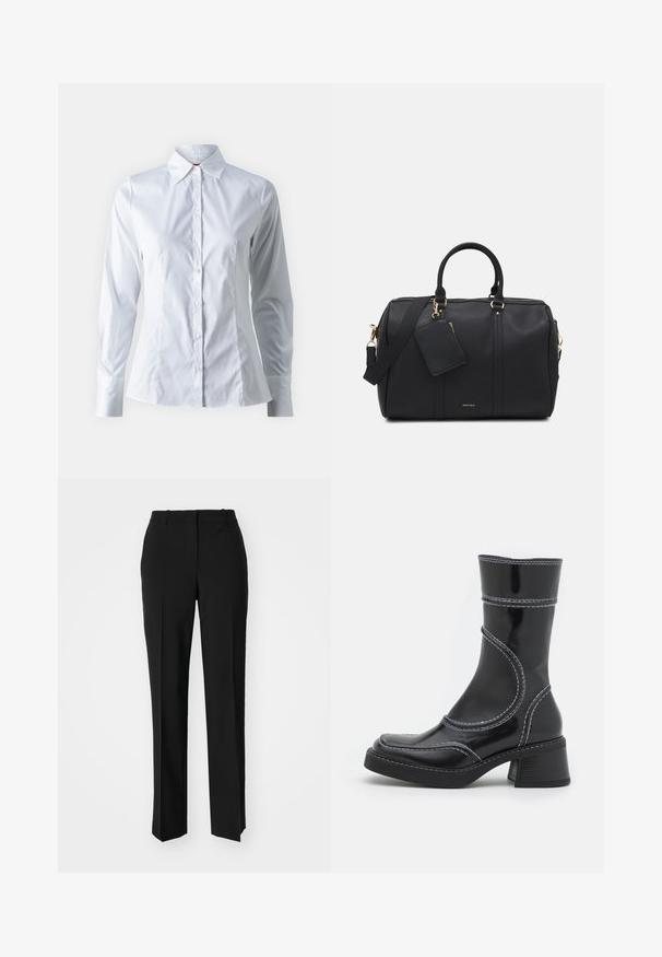 White button-up shirt with long sleeves, point collar, fitted design, smooth cotton fabric, and front button closure.; Black tailored trousers with a straight-leg design, featuring a smooth texture and crisp creases along the front. No visible hardware.; Black patent leather ankle boot with white stitching, rounded toe, and block heel. Features curved design lines and a smooth texture.; Black faux leather duffel bag with gold hardware, dual top handles, adjustable shoulder strap, and a removable tag pocket.