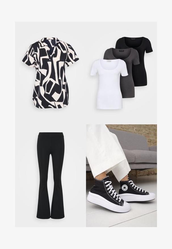 Rövid ujjú blúz sötétkék és krém színben, absztrakt geometrikus mintával, kivágott nyakkal és laza szabással. Strukturált anyag.; Három szűkített T-póló fehér, szürke és fekete színben. Mindegyik széles, kerek nyakkal és rövid ujjakkal rendelkezik. Simább, elasztikus anyagból készült.; Fekete harangszárú nadrág, rugalmas anyagból készült, magas derékkal és sima felülettel. A nadrág a térdtől kezdve bővül.; Fekete magas szárú tornacipők fehér gumitalppal és fűzővel. Kör alakú logófolttal és kontrasztos fehér varrással. Vászon anyagból.