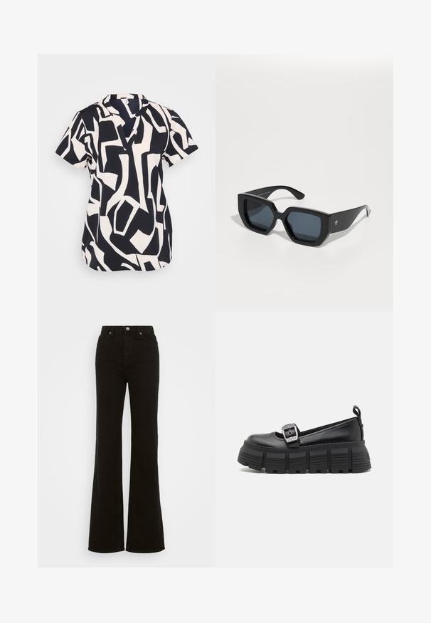 Bluză cu mânecă scurtă în nuanțe de bleumarin și crem, cu un model geometric abstract, având un decolteu in formă de V și un croi lejer. Material texturat.; Jeans negre cu talie înaltă, evazați, din denim, cu închidere prin buton, buzunare laterale și o textură netedă.; Pantofi loafers negri, cu platformă, vârf rotunjit, din piele netedă, cu cataramă ajustabilă și talpă din cauciuc texturat, cu striuri orizontale.; Ochelari de soare de mari dimensiuni, negri, cu un design geometric, lentile rectangulare și finisaj lucios. Fără branding vizibil pe față.