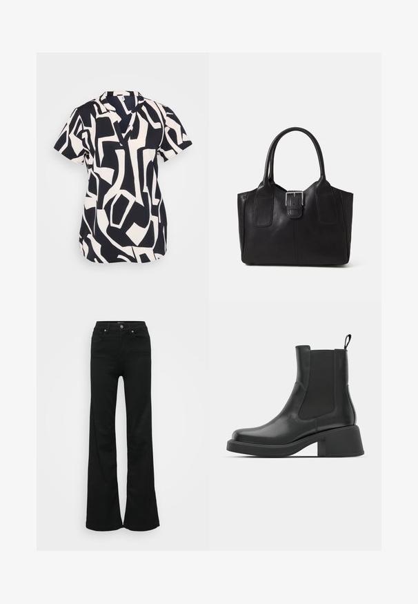 Mėlynai ir kremine spalvota trumpomis rankovėmis palaidinė su abstrakčiu geometriniu raštu, kuri turi įpjovimą kaklo srityje ir laisvą siluetą. Tekstūruotas audinys.; Juodos plačios džinsinės kelnės, pagamintos iš denimo, su aukštu liemeniu, penkiomis kišenėmis ir metaliniu sagčių uždarymu. Lygi tekstūra su minimaliu dekoravimu.; Juodos odinės kulkšninių botai su elastinėmis šoninėmis plokštėmis, apvaliu kojų pirštu ir masyviu blokiniu kulnu. Lygus paviršius su minimalistiniu dizainu.; Juodas odinis nešiojamas krepšys su lygiu paviršiumi, struktūrine forma, dviem rankenėlėmis ir ryškiu sidabriniu sagties akcentu priekyje.