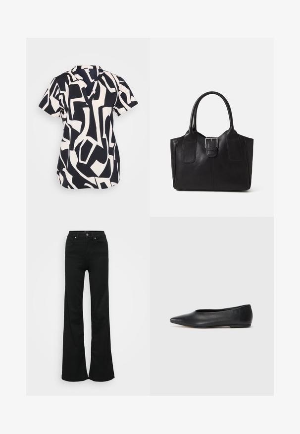 Bluză cu mânecă scurtă în nuanțe de bleumarin și crem, cu un model geometric abstract, având un decolteu in formă de V și un croi lejer. Material texturat.; Jeans negri evazați din denim, cu talie înaltă, cinci buzunare și închidere cu nasture metalic. Textură netedă, cu detalii minime.; Balerini din piele neagră, vârf ascuțit, design minimalist, textură netedă, toc de mică înălțime, fără hardware sau embellishments vizibile.; Geantă tote din piele neagră cu textură netedă, formă structurată, două mânere și un detaliu proeminent din aliaj de argint pe partea din față.