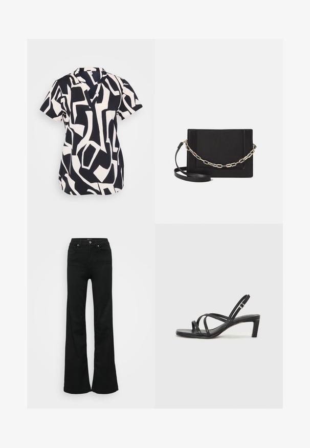 Short-sleeve blouse in navy and cream with an abstract geometric pattern, featuring a notch neckline and a relaxed fit. Textured fabric.; Black flared jeans made from denim, featuring a high waist, five pockets, and metal button closure. Smooth texture with minimal detailing.; Black strappy sandal with a square toe and a low block heel. Features multiple thin straps and an adjustable ankle strap. Made of smooth leather.; Black leather crossbody bag featuring a smooth texture, rectangular shape, and a metallic chain detail on the front. Adjustable strap included.