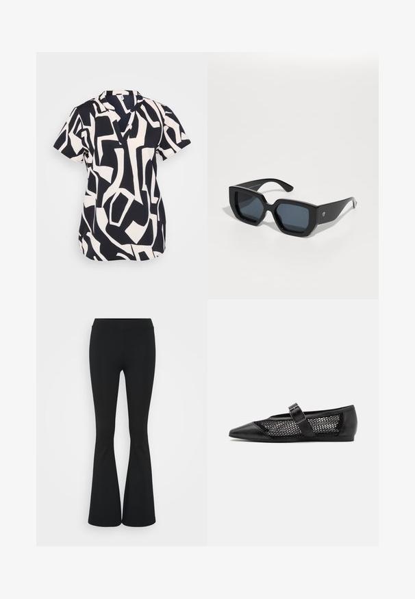 Kratka bluza s kratkimi rokavi v mornarsko modri in kremni barvi z abstraktnim geometrijskim vzorcem, z izrezom v obliki klina in sproščenim krojem. Teksturirana tkanina.; Črne hlače s širokimi hlačnicami, izdelane iz raztegljive tkanine, z visokim pasom in gladko teksturo. Hlače se širijo od kolena navzdol.; Črne ravne čevlje s koničastim nosom, mrežastimi bočnimi paneli in trakcem z detajlom zaponke. Gladka površina na delu prstov in petah.; Črne velike sončne očala z geometrijskim dizajnom, pravokotnimi lečami in sijočo površino. Brez vidne blagovne znamke spredaj.