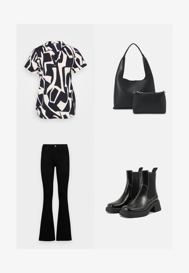 Halenka s krátkým rukávem v námořnické modři a krémové barvě s abstraktním geometrickým vzorem, disponující výstřihem do ve tvaru V a uvolněným střihem. Texturovaná tkanina.; Černé vysoké džíny s knoflíkem a zipovým zapínáním, předními kapsami a rozšířenými nohavicemi, ležící na bílé podložce.; Černé kožené chelsea boty s masivním podpatkem, elastickými bočními panely a kontrastním bílým prošitím. Texturovaný povrch.; Even&Odd Kabelka - black