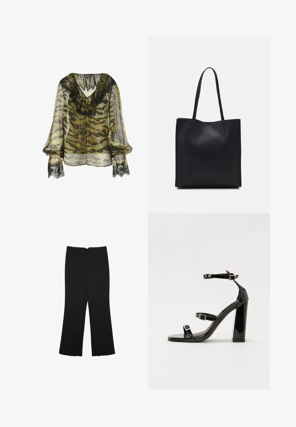 Chiffonová blůza s maskáčovým vzorem v olivové a šedé barvě, s černou krajkovou bordurou kolem výstřihu a na manžetách rukávů, volného střihu.; Černé kalhoty s rovným střihem, s předními kapsami a bočními rozparky na lemu. Vyrobené z jemné, hladké tkaniny. Vhodné na různé příležitosti.; Černé lakované sandály na podpatku se čtveratou špičkou, lýtkovými pásky a stříbrnými přezkami. Disponují masivním blokovým podpatkem pro stabilitu.; Černá kožená taška přes rameno s hladkým povrchem, obdélníkovým tvarem a dvěma dlouhými uchy. Žádné viditelné kování ani ozdoby.