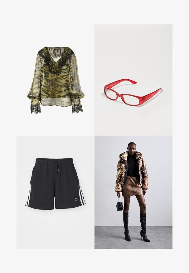 Olíva és szürke álcázó mintás sifon blúz, fekete csipkés díszítéssel a nyakán és az ujjak mandzsettáján, laza fazonú.; Fekete sportnadrág, pamut keverékből készült, fehér oldalsávokkal, elasztikus derékkal és zsinórral, valamint kis logóval az alsó szegélyen.; Barna és fekete mintás puffjú dzseki, barna kígyóbőr mintás mini szoknyával, fekete térdig érő csizmával és egy kicsi fekete táskával párosítva.; Piros műanyag szemüveg téglalap alakú kerettel, átlátszó lencsékkel és vékony karokkal. A "even&odd" márkaneve a szárra van gravírozva.; Fekete bőr kézitáska ívelt designnal, ezüst szegecsekkel, csattal és két oldalsó zsebbel. Állítható vállpánt a hordozási lehetőségekhez.