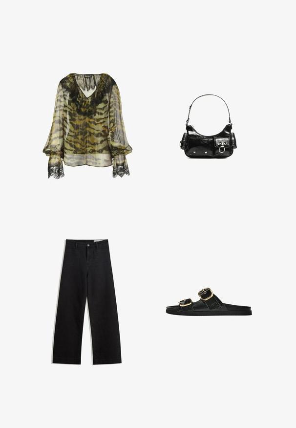 Chiffon blouse with a camouflage pattern in olive and grey, featuring a black lace trim at the neckline and sleeve cuffs, loose fit.; Black wide-leg denim pants with a high waist, featuring front and back pockets, stitched seams, and a button closure. Smooth texture.; Black slide sandal with two gold buckle accents, smooth textured material, flat sole, and a minimalist design.; Black patent leather handbag with a curved shape, one shoulder strap, front pockets, and silver-tone hardware accents.