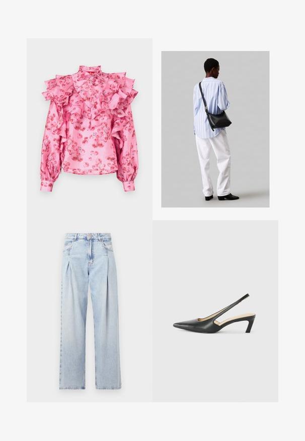 Bluză roz cu accente volanate, model floral în nuanțe de roșu, guler înalt și mâneci lungi cu manșete pliate. Textură mătăsos.; Jeans din denim albastru deschis cu talie înaltă, croială evazată, două buzunare laterale și un design pliat. Textură moale cu un finisaj decolorat.; Pantof cu toc mic, cu vârf ascuțit și slingback, realizat din piele netedă, având un design decupat pe lateral pentru respirabilitate.; Geantă de umăr din piele neagră cu o textură moale, formă triunghiulară și curea ajustabilă, asortată cu o bluză cu dungi albastre deschise și pantaloni albi.