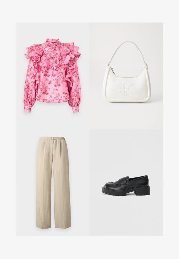 Roza bluzica s naboranim detaljima, cvjetnim uzorkom u nijansama crvene, visokim ovratnikom i dugim rukavima sa skupljenim manžetama. Svilenasti tekstura.; Bež hlače širokih nogavica, izdelane iz mehkega materiala, z nabranim elastičnim pasom in sprednjim gumbom. Gladka tekstura z pregibi.; Crne kožne mokasine s strukturiranom površinom, koje imaju pravokutnu traku preko gornjeg dijela i robustan, nazubljen potplat.; Bijela kožna torba s zakrivljenim oblikom, koja na prednjoj strani ima utisnut logotip "CK" i jedan remen za nošenje preko ramena. Zatvaranje na munju na vrhu.