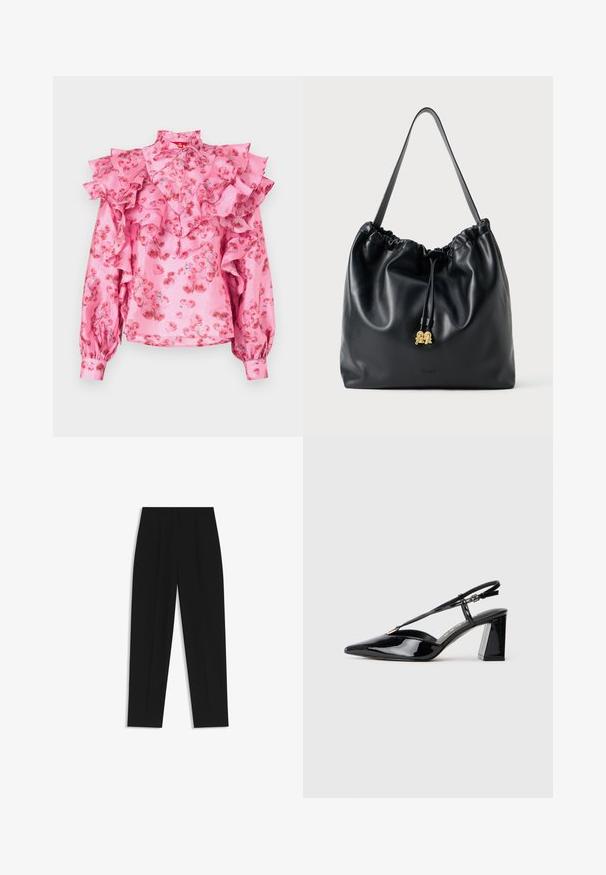 Blouse rose avec des accents volantés, motif floral dans des nuances de rouge, col haut et manches longues avec des poignets élastiqués. Texture soyeuse.; Pantalon noir à coupe droite, avec des plis doubles, une texture lisse et un design de taille classique. Pas de matériel ou d'accents visibles.; Chaussures à talons hauts en cuir verni noir, avec un bout pointu, une sangle réglable et un talon rectangulaire épais.; Sac en cuir noir avec cordon de serrage, texture lisse, partie supérieure froncée et matériel doré discret. Dispose d'une seule sangle robuste et d'un logo embossé.