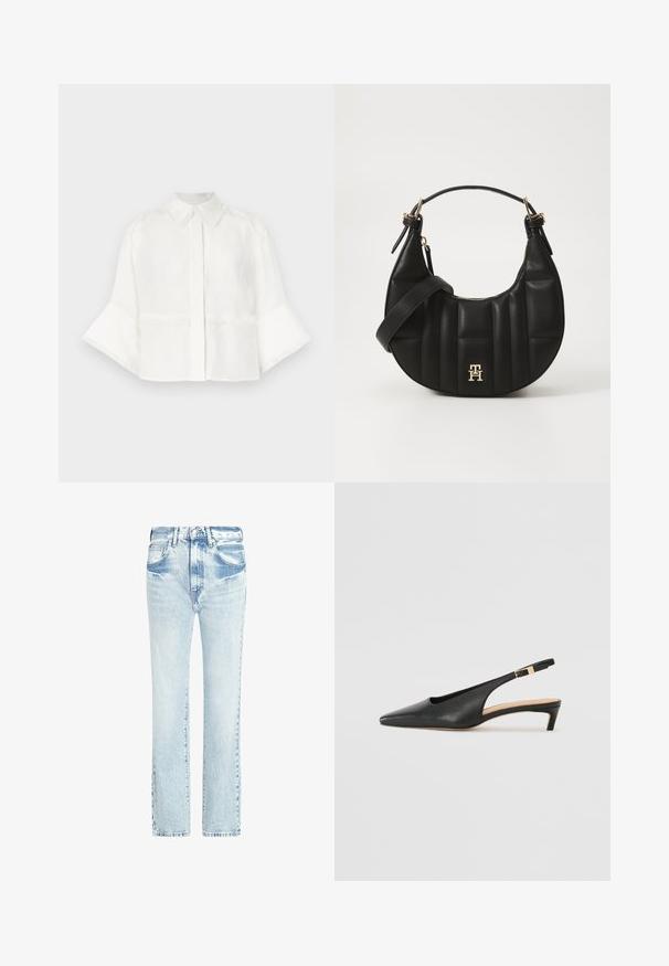 Cămașă albă scurtă, realizată dintr-un material ușor. Dispune de guler, închidere cu nasturi și mâneci evazate cu detalii din franjuri.; Jeans din denim de culoare albastră deschisă, cu un design drept, cinci buzunare și o textură uzată. Prezentă cusătura vizibilă și o închidere clasică cu nasture.; Cizme din piele neagră cu toc slingback, cu vârf ascuțit, toc jos și curea reglabilă pentru glezna, dotată cu un cataramă de ton auriu. Textură netedă.; Geantă de mână din piele neagră, cu o formă curbată, textură matlasată și accesorii aurii. Dispune de o curea pentru umăr detașabilă și detalii cu logo.