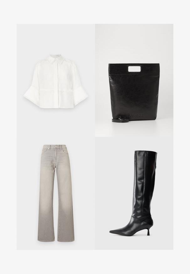 Witte cropped shirt van lichtgewicht stof. Beschikt over een kraag, knoopsluiting en uitlopende mouwen met franjes.; Grijze wijde jeans met een vervaagde afwerking, knoopsluiting, vijfzakkenontwerp en gestikte details langs de naden.; Zwarte leren kniehoge laars met een spitse neus en slanke gebogen hak. Gladde textuur, aansluitend ontwerp en geen zichtbare hardware of patronen.; Zwarte leren draagtas met een vierkant handvat, met een gestructureerde afwerking en een reliëflogo. Inclusief een afneembare schouderband.