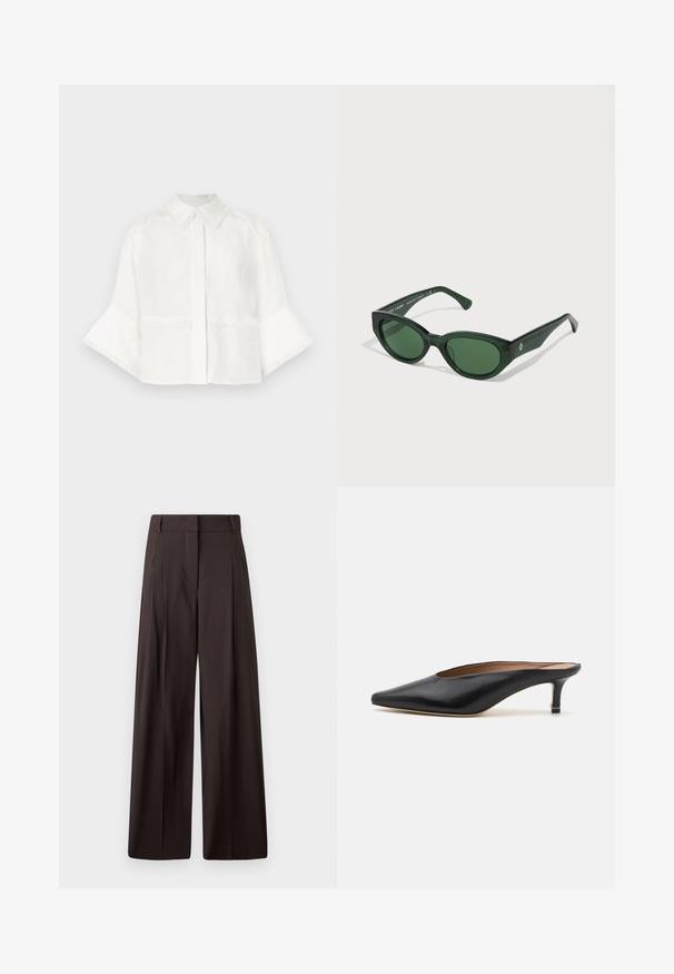 White cropped shirt made of lightweight fabric. Features a collar, button closure, and flared sleeves with fringe detailing.; Black wide-leg trousers with a high waist, featuring front pleats, a smooth texture, and a minimalist design.; Black leather mules with a pointed toe and low, block heel. Smooth texture with a sleek design. Open back with minimal detailing.; Green sunglasses with a glossy finish, rectangular frames, and dark green lenses. Features a subtle logo on the side of the temple.; Black leather tote bag with a square handle, featuring a textured finish and embossed logo. Includes a detachable strap.