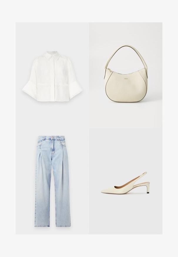 Weißes, verkürztes Hemd aus leichtem Stoff. Mit Kragen, Knopfverschluss und ausgestellten Ärmeln mit Fransenverzierung.; Helle blaue Denim-Jeans mit hoher Taille, weitem Beinschnitt, zwei seitlichen Taschen und gefaltetem Design. Weiche Textur mit einem ausgebleichten Finish.; Spitz zulaufender Slingback-Schuh aus cremefarbenem Leder, ausgestattet mit einem niedrigen Absatz und einem ausgeschnittenen Design mit glatter Textur und minimalen Akzenten.; Cremfarbener Handtasche mit strukturiertem Finish, gebogener Form, kurzem Griff und Logo-Detail in Gold. Reißverschlussverschluss oben.