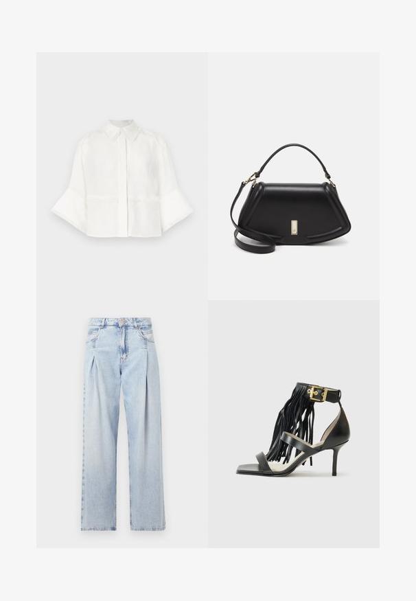 Chemisier blanc court en tissu léger. Il présente un col, une fermeture à boutons et des manches évasées avec des franges.; Jeans en denim bleu clair avec taille haute, coupe large, deux poches latérales et design plissé. Texture douce avec une finition décolorée.; Sandale noire à talons hauts avec des franges, bride de cheville avec quincaillerie dorée, bout carré plat et deux brides croisées sur l'empeigne.; Sac à main en cuir noir avec un design structuré, featuring une forme cropped, une poignée supérieure et des accents en matériel doré. Bandoulière réglable incluse.