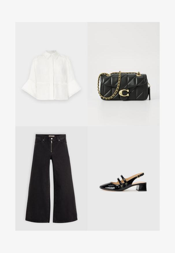 Bela skrčena srajca iz lahko tkanino. Ima ovratnik, zapiranje na gumb in razširjene rokave s perjem.; Široke traperice iz črnega denima z zadrgo spredaj, petimi žepi in diskretnimi šivi. Gladka tekstura in ležeren slog.; Črne patentne usnjene sandalete s špicastim nosom, dvema trakovoma, zlatimi okroglimi detajli in nizko blokasto peto.; Črna kviltana usnjena torbica z zlatim verižnim ročajem in zapiranjem z obročkom, ki ima okroglo okrasje. Kompaktna pravokotna oblika.