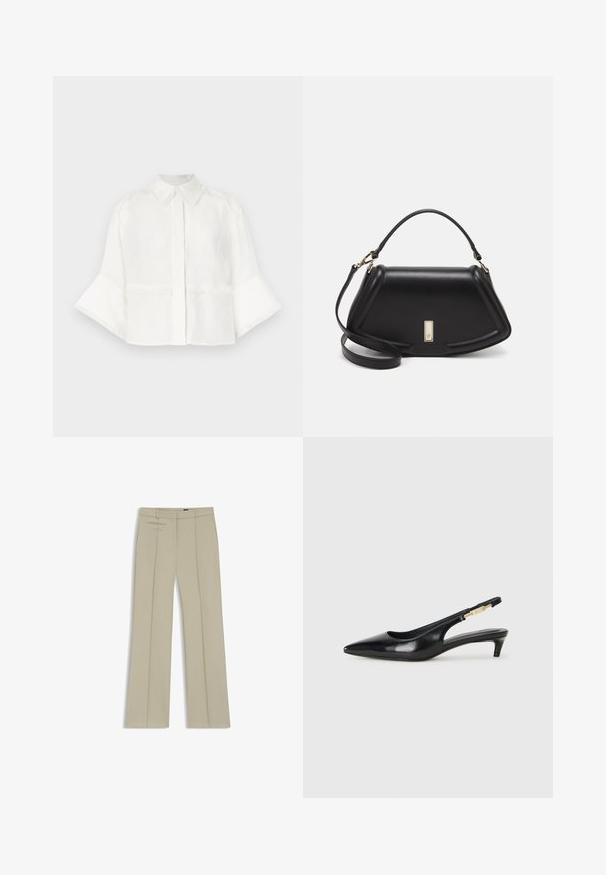 Vit kortärmad skjorta i lätt tyg. Har krage, knappstängning och utsvängda ärmar med fransdetaljer.; Beige skräddarsydda byxor med vida ben, framfickor, två horisontella sidofickor och ett slätt, något texturerat tyg.; Svart läder slingback-hälar med spetsig tå, med en smal klack och en guldtonad detalj på den justerbara remmen. Slät textur.; Svart läderhandväska med en strukturerad design, som har en avskuren form, ett handtag upptill och guldiga detaljer. Justerbar axelrem ingår.
