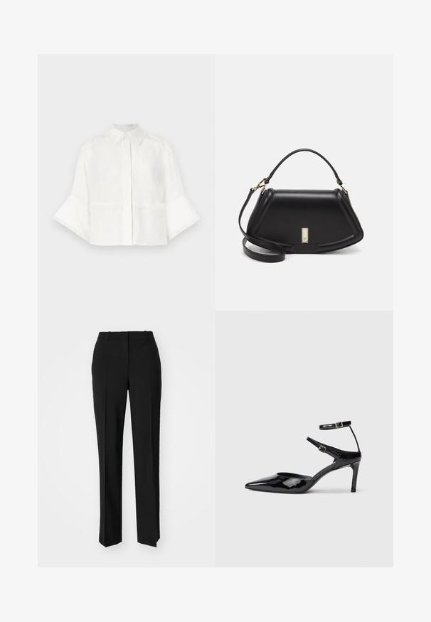 White cropped shirt made of lightweight fabric. Features a collar, button closure, and flared sleeves with fringe detailing.; Black tailored trousers with a straight-leg design, featuring a smooth texture and crisp creases along the front. No visible hardware.; Black patent leather heels with a pointed toe, adjustable ankle straps, and a slender heel. Smooth texture with a shiny finish.; Black leather handbag with a structured design, featuring a cropped shape, top handle, and gold hardware accent. Adjustable shoulder strap included.