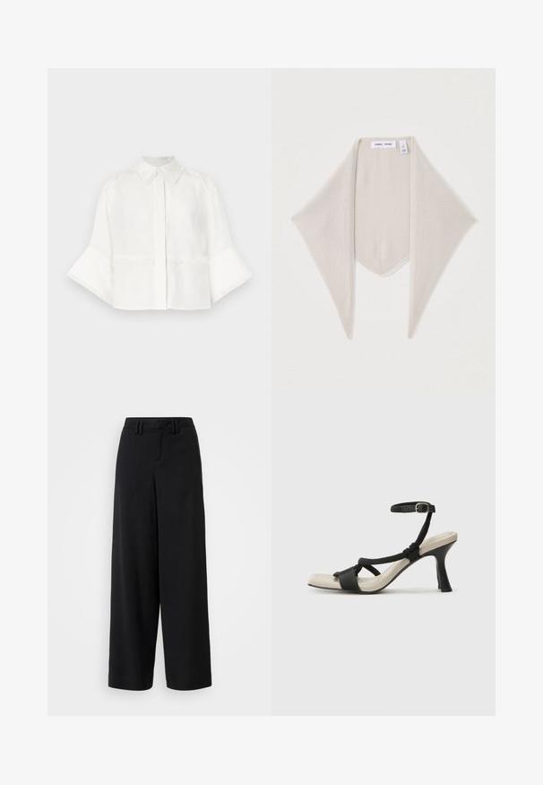 White cropped shirt made of lightweight fabric. Features a collar, button closure, and flared sleeves with fringe detailing.; Black wide-leg trousers made of smooth fabric, featuring a flat-front design, pleated details, and belt loops at the waistband.; Black heeled sandal with braided strap design, square toe, and adjustable ankle strap. Light beige footbed with a glossy black heel.; Beige knitted triangular scarf with pointed ends, featuring brand label and certification tag near the top edge.