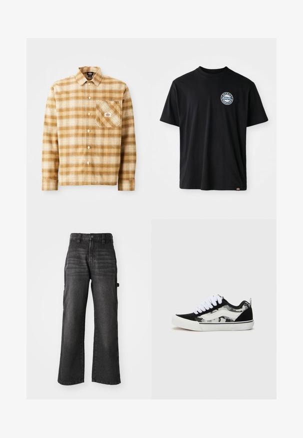 Rudas ir kremas languotas ilgas rankovėmis marškiniai, pagaminti iš tekstūruotos medžiagos, su krūtinės kišene ir mygtukų uždarymu, turintys etiketi kišenėje.; Juodas medvilnės marškinėlis su apvaliu logotipu ant krūtinės. Trumpomis rankovėmis ir apvaliu kaklu, tiesiu apdailos kraštu.; Pločios kojos juodos džinsinės kelnės, pagamintos iš minkštos medvilnės su nublukusiu efektu. Su priekiniais mygtukais ir šoninėmis kišenėmis.; Juodi zomšiniai sportbačiai su pilku kamufliažo šonu, baltais raišteliais ir gumuotu padu. Yra išsiuvinėtas baltas logotipas šone.