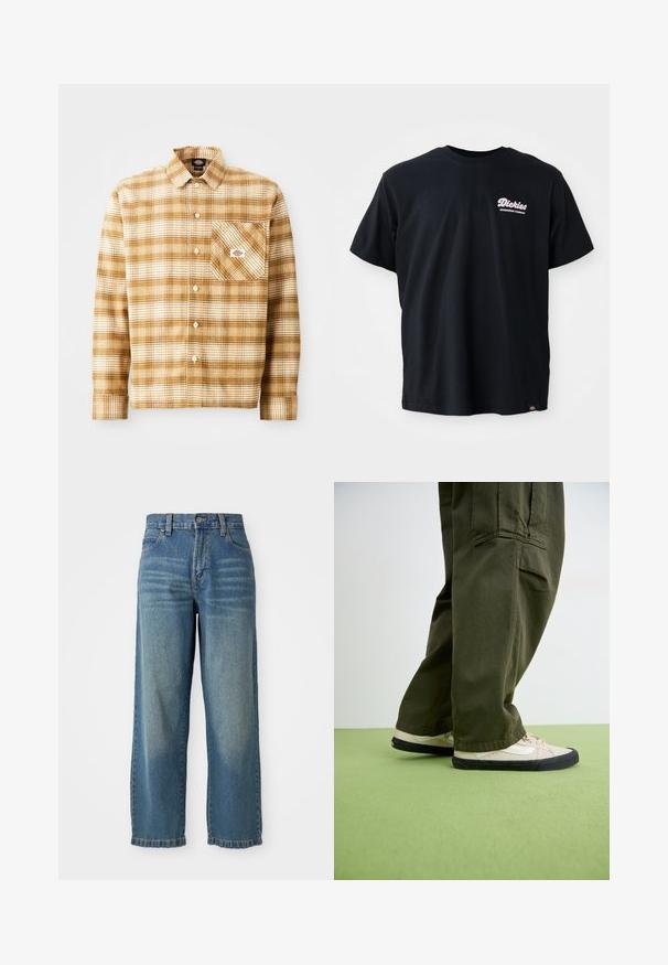 Rudas ir kremas languotas ilgas rankovėmis marškiniai, pagaminti iš tekstūruotos medžiagos, su krūtinės kišene ir mygtukų uždarymu, turintys etiketi kišenėje.; Juodas medvilnės marškinėliai trumpomis rankovėmis, apvaliu iškirpimu ir rožiniu logotipu kairiajame krūtinės kampe. Yra etiketė apatinėje kairėje siūlės pusėje.; Šviesiai mėlyni džinsai plačiomis kojomis su aukštu liemeniu, penkiomis kišenėmis ir šiek tiek išblukusiu paviršiumi. Yra sagčių ir užtrauktuko uždarymas.; Rudi sportbačiai su juodu padu, derinami su laisvomis alyvuogių žalios spalvos krovinių kelnėmis. Kelnės turi matomas siūles ir laisvą siluetą. Žalia grindų danga.