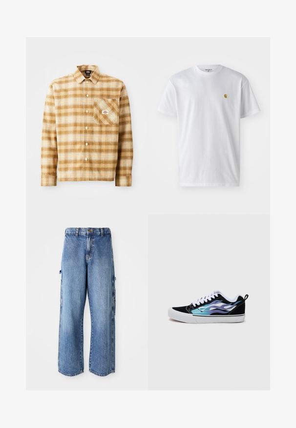 Ruutukuvioinen ruskea ja kerma pitkähihaisin paita, joka on valmistettu teksturoidusta kankaasta ja jossa on rintatasku sekä nappikiinnitys. Taskussa on myös etiketti.; Valkoinen puuvillapaita lyhyillä hihoilla, pyöreä kaula-aukko, jossa on pieni kultainen logo vasemmassa rintapielessä. Pehmeä kangas ja normaali istuvuus.; Vaaleansiniset farkkupitkät cargo-housut, joissa on leveä lahje, sivutaskut, kulutettu pinta ja hieman purjehtinut helma.; Mustat mokkanahka sneakersit, joissa on valkoinen kumiulkopohja. Varustettu iriidiset siniset ja purppurat liekkikuviot. Valkoiset nauhat ja takaosassa vetotappi.