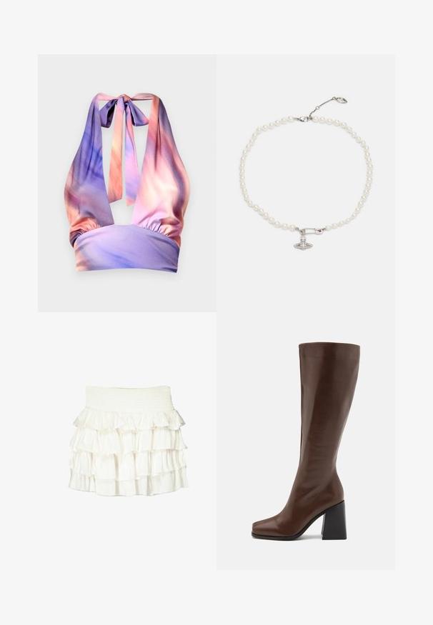 Halter top vyrobený z jemného materiálu s odtieňmi pastelovej ružovej a fialovej, so zberanou elastickou páskou a viazaním na chrbte.; Biela sukňa s volánmi a smockovaným pásom. Obsahuje vrstvené, priehľadné volány, ktoré vytvárajú textúrovaný a plynulý vzhľad.; RAID RENZO - Čižmy - brown; Perlový náhrdelník s lesklými bielymi perlami, s prívěskom vo forme strieborného bezpečnostného špendlíka zdobeného jasnými rhinestones. Uzáver na homárskou sponu.