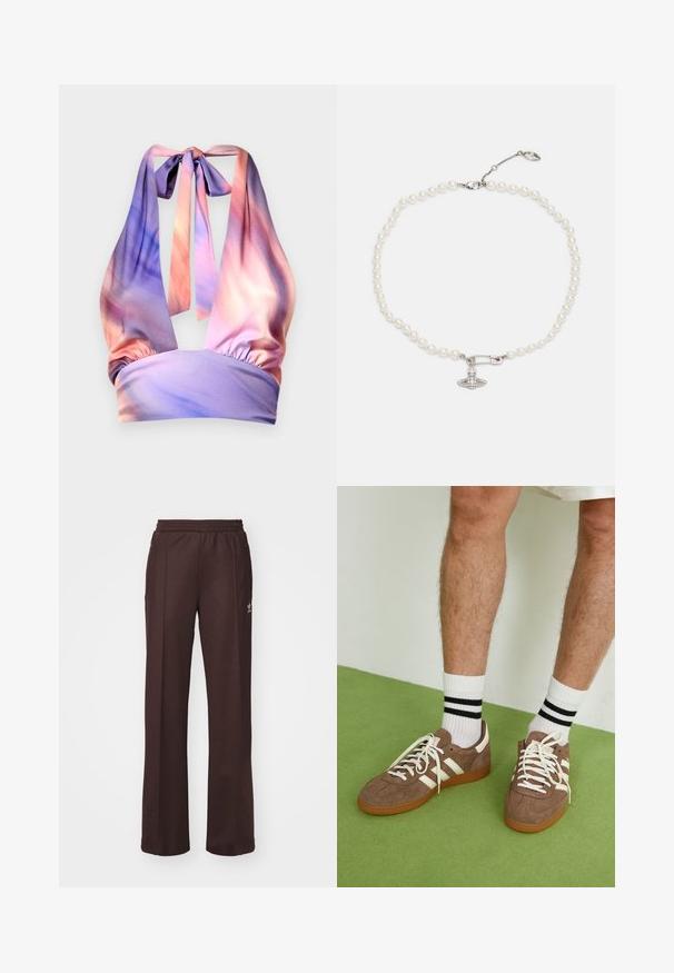 Halter top vyrobený z jemného materiálu s odtieňmi pastelovej ružovej a fialovej, so zberanou elastickou páskou a viazaním na chrbte.; Hnedé športové nohavice s elastickým pásom, dvoma bočnými vreckami a malým logom na ľavej strane, vyrobené z mäkkej látky.; Hnedé zamatové tenisky s bielymi akcentmi a šnúrkami. Gumová podrážka. Nosené s bielymi ponožkami so čiernymi pruhmi. Zelená textúrovaná podlaha.; Perlový náhrdelník s lesklými bielymi perlami, s prívěskom vo forme strieborného bezpečnostného špendlíka zdobeného jasnými rhinestones. Uzáver na homárskou sponu.