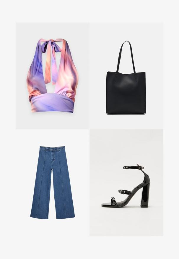 Top z halter ovratu v mehkem materialu, ki prikazuje odtenke pastelne roza in vijolične barve, z nabranim elastičnim pasom in vezalkami na hrbtu.; Jeans širokih nogavic v srednji modri barvi, z visokim pasom, gumbom in kontrastnimi navpičnimi šivi spredaj.; Črne lakirane sandale s peto, kvadratnim prstom, trakovi okrog gležnja in srebrnimi zaponkami. Opremljene so s stabilno Debelo peto.; Črna usnjena torba s svilnato teksturo, pravokotne oblike in dvema dolgima ročajema. Brez vidnih metalnih delov ali okrasnih elementov.