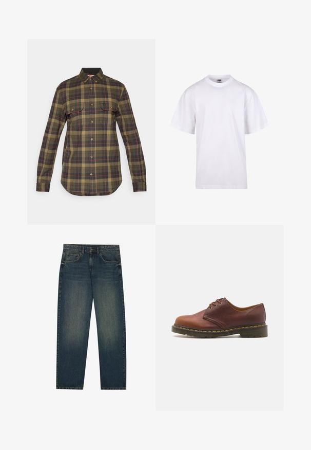 Zöld és tengerészkék kockás flanel ing hosszú ujjakkal, gombos elülső résszel, két mellzsebbel és ívelt hemline-nal. A mintában piros részletek találhatók.; Fehér pamut póló kerek nyakkivágással, rövid ujjal és laza szabással. Egyszerű dizájnnal rendelkezik, minták vagy díszek nélkül.; Sötétkék farmernadrág egyenes szabással, öt zsebes dizájnnal és enyhén kopott textúrával a lábakon. Kényelmes viselet mindennapi használatra.; Barna bőr cipő sima felülettel, kerek orral és öt lukas fűzővel. A talpon sárga varrás látható, valamint textúrált sarokkal rendelkezik.