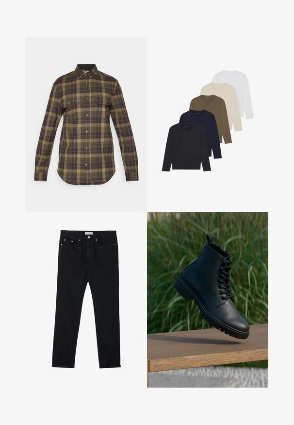 Zielona i granatowa flanelowa koszula w kratę z długimi rękawami, zapinana na guziki, z dwoma kieszeniami na piersiach i zaokrąglonym dołem. Ma czerwone akcenty w wzorze.; Pięć koszulek z długim rękawem w gradientzie kolorów: ciemny granat, granat, oliwkowy, beżowy i biały. Każda z nich ma okrągły dekolt i gładką teksturę.; Czarne dżinsy w stylu prostym, z pięcioma kieszeniami, metalowymi nitami i zapięciem na guzik. Miękka tekstura z lekkim streczem.; Czarne botki za kostkę wykonane z gładkiej skóry. Posiadają sznurowany design, okrągły nosek oraz wytrzymałą podeszwę z wyraźnym bieżnikiem. Mała pętelka na pięcie.