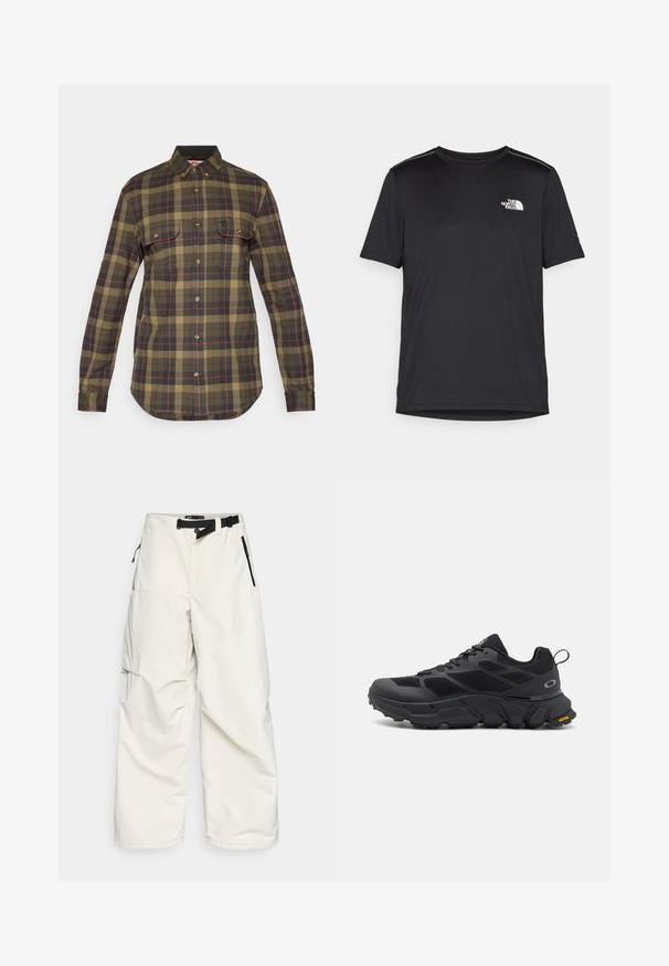 Zeleno-námořnická kostkovaná flanelová košile s dlouhými rukávy, knoflíkovým zapínáním vpředu, dvěma náprsními kapsami a zakřiveným lemem. Obsahuje červené detaily v vzoru.; Černé tričko s krátkým rukávem vyrobené z lehkého materiálu. Má malé bílé logo na levé části hrudi a decentní akcenty na ramenech.; Bílé cargo kalhoty vyrobené z voděodolné tkaniny, s páskem v pase, bočními kapsami na zip a volným, širokým střihem nohavic.; Černé sportovní boty s mohutnou podrážkou, svrškem z materiálu síťoviny a syntetiky, texturovanými detaily a značením Vibram na podrážce.