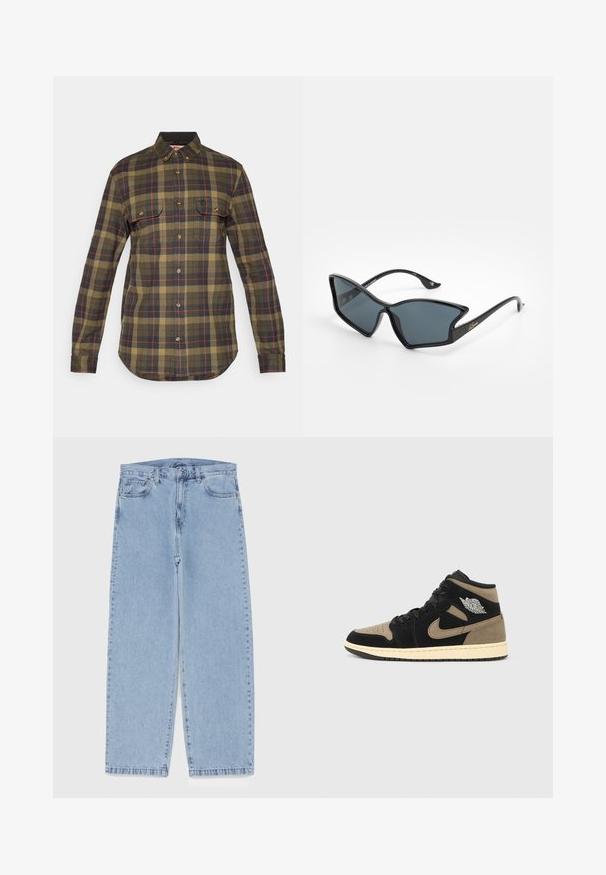 Vihreä ja laivaston sininen ruudullinen flanelli-paita pitkillä hihoilla, napitettavalla edellä, kahdella rintataskulla ja kaarevalla helman reunalla. Mallissa on punaisia yksityiskohtia.; Vaaleansiniset farkut suoran lahkeen muotoilulla, joissa on puolivälin vyötärö, viisi taskua sekä nappi- ja vetoketjusuljenta.; Nilkkapituiset tennarit, joissa mustaa ja luonnonsävyistä mokkaa, rei'itetty varvasosa, beige välipohja, mustat nauhat ja hopeanvärinen logo sivussa.; Mustat muoviset aurinkolasit, joissa on geometrinen kissan silmä -muoto, harmaat linssit ja kultaiset yksityiskohdat varsissa. Kehyksissä on sileä pinta.