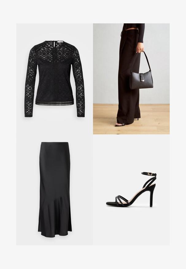Čierny top s dlhým rukávom z čipkovanej látky s geometrickými vzormi, s uzáverom v tvare kľúča na zadnej strane a dekoratívnym lemovaním pozdĺž spodného okraja a stredu.; Čierna saténová midi sukňa s elegantným dizajnom, so slabým rozšírením na okraji a bočným rozparkom pre pohodlie pri pohybe. Hladká textúra.; Anna Field Sandále - black; Čierna kabelka so štruktúrovaným tvarom, hladkou textúrou a kovovou sponou. V kombinácii so širokými čiernymi nohavicami a sandálmi s otvorenou špičkou na drevenej podlahe.