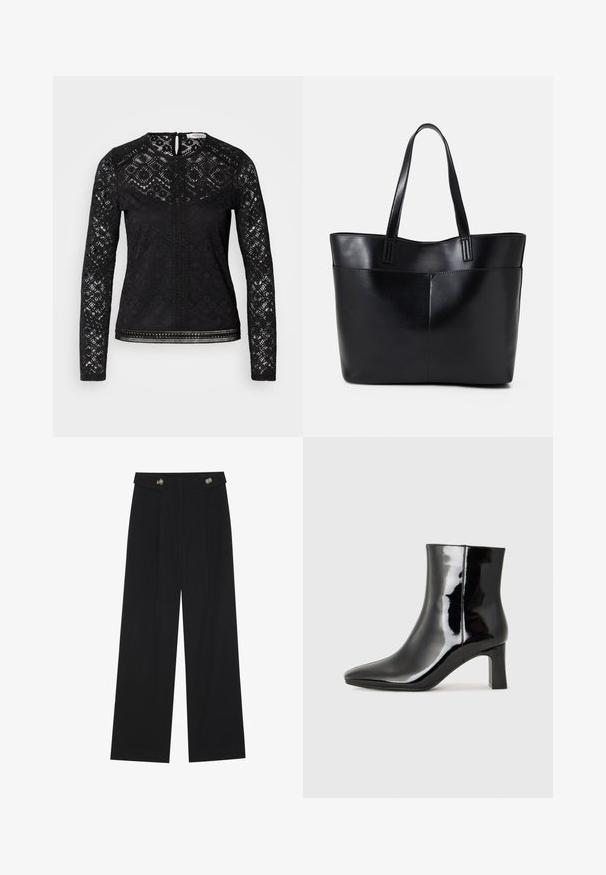 Black long-sleeve top featuring lace fabric with geometric patterns, keyhole back closure, and decorative trim along the hem and center.; Black wide-leg trousers with high waist, button details on waistband, and front pleats.; Black patent leather ankle boot with a pointed toe and a mid-height block heel. Smooth texture and minimalist design.; Black leather tote bag with two long handles, a smooth texture, and a structured shape. Features a front pocket for additional storage.
