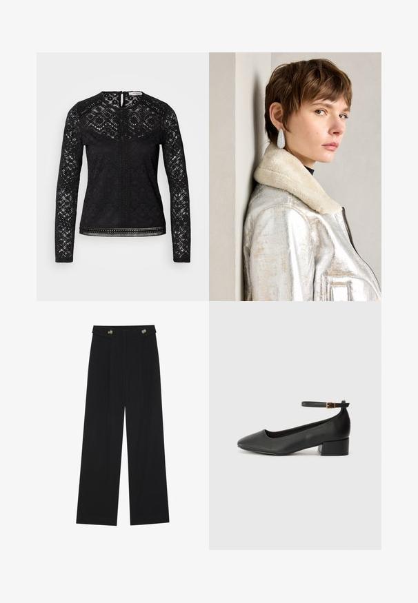 Černý top s dlouhými rukávy z krajkového materiálu s geometrickými vzory, s uzávěrem na klíčovou dírku na zadní straně a dekoračním lemem podél spodního okraje a vpředu.; Černé široké kalhoty s vysokým pasem, detailní knoflíky na pase a přední záhyby.; Černé kožené lodičky s špičatou špičkou a nízkým blokovým podpatkem. Obsahují pásek kolem kotníku se zlatou sponou. Hladký povrch.; Stříbrná kovová kožená bunda s beránkovým límcem, s ozdobným zipem a texturovaným povrchem. Velké kapkovité náušnice s čirými drahokamy.