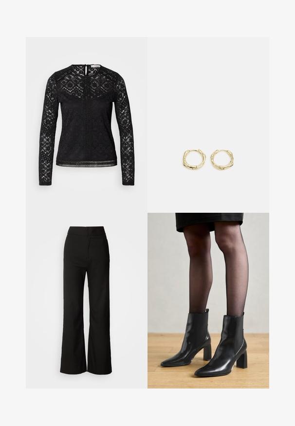 Juodas ilgomis rankovėmis marškinėliai, pagaminti iš nėrinių audinio su geometriniais raštais, su rakto skylutės uždarymu nugaroje ir dekoratyvine apdaila palei dugną bei centrą.; Juodos plačios kelnės su lygiu paviršiumi, aukšta liemeni, ir švariu dizainu. Nėra matomų kišenių ar papuošimų.; Juodos odinės aulinės botai su smailiu priekiniu galiuku, masyviu kvadratiniu kulnu ir elegantišku dizainu. Yra elastingos šoninės detalės, kad būtų lengva užsidėti.; Aukso žiedo auskarai su tekstūruotu, netaisyklingu paviršiumi. Yra be siūlių užsegimas ir poliruotas paviršius, akcentuojantis modernų dizainą.