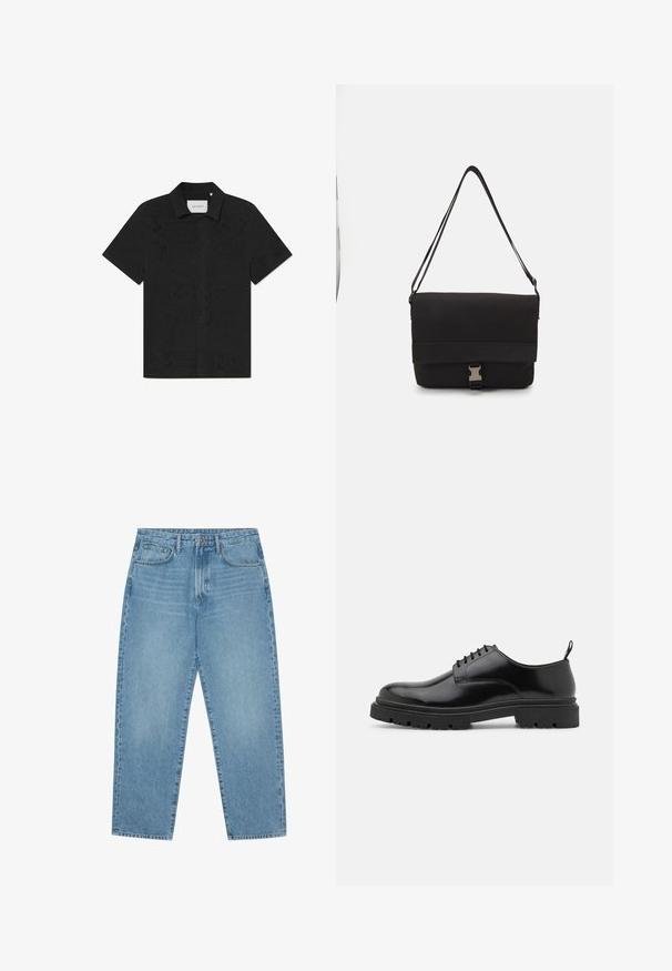 Melnā īsās piedurknēm krekls, kas izgatavots no elpojošas auduma, ar meistarīgiem izgriezumiem un pogām priekšpusē.; Gaiši zili denim auduma platgala bikses ar augstu jostasvietu, ar piecām kabatām, jostu cilpām un mīkstu, nedaudz nodilušu tekstūru.; Melnas ādas siksniņu kurpes ar apaļu purngalu, gludu tekstūru un ar rievotu gumijas zoli. Iezīmējas ar mazu papēdi un cilpu aizmugurē.; Melna sūtītāja soma, izgatavota no gludas materiāla, ar nolocamu vāku, sudraba sprādzi un regulējamu plecu siksnu.