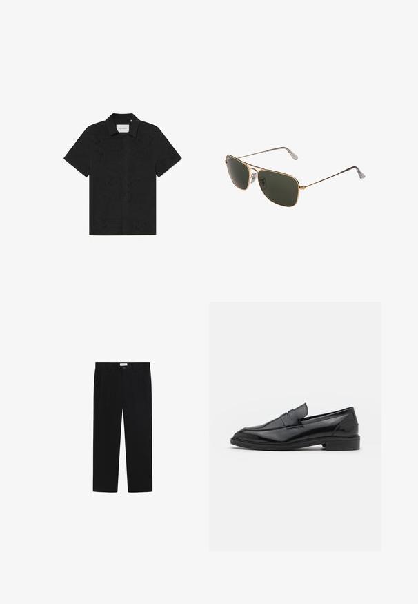 Rövid ujjú fekete ing lélegző anyagból, bonyolult kivágott mintákkal és gombos elülső résszel.; Fekete nadrág, egyenes szárú szabással, elülső zsebekkel és gombos zárással. Simább anyagból készült, fényes felülettel.; Fekete bőrcipók sima felülettel, kerek orral és keskeny sávval a felsőrészen. Alacsony, rétegelt sarkú.; Aranyszínű fémből készült pilóta napszemüveg, nagy sötétzöld lencsékkel, vékony kerettel és áttetsző orrpárnákkal a kényelem érdekében.