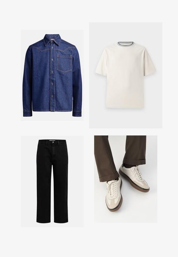 Camisa de algodão de manga longa, em denim azul escuro, com colarinho pontudo, frente com botões, bolso no peito e costura laranja em contraste.; T-shirt de algodão em cor creme com mangas curtas, apresentando um decote redondo realçado por listras em azul-marinho e branco. Textura suave, corte descontraído.; Calças de ganga pretas com corte reto, design clássico de cinco bolsos e fecho de botão na cintura. Textura suave e tecido durável.; Tênis bege com frente em camurça texturizada, lados em couro liso e sola em borracha marrom. Inclui cadarços e detalhes de costura clara.