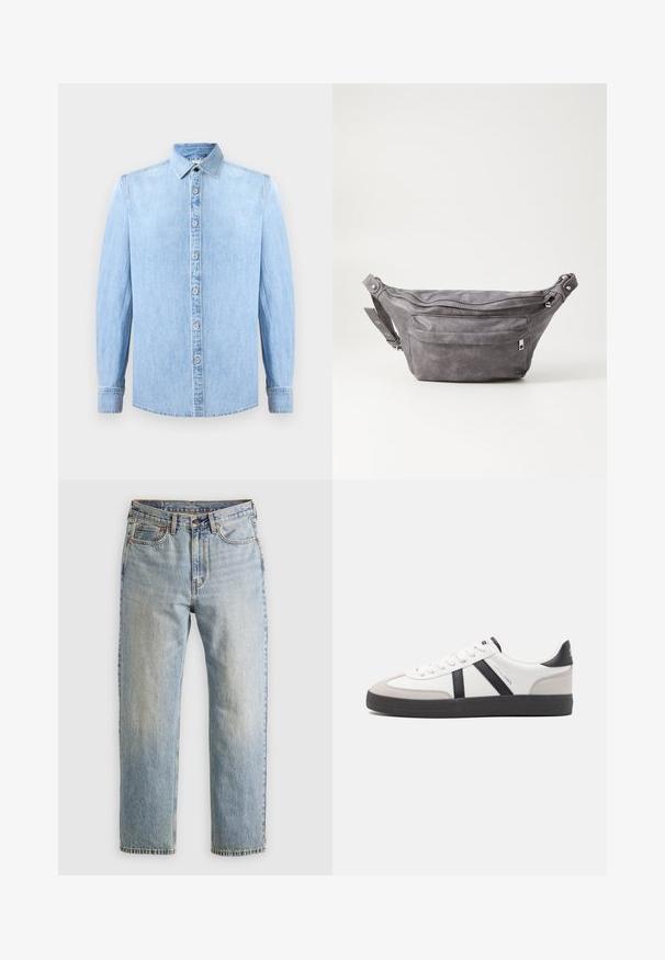 Cămașă din denim albastru deschis, cu mâneci lungi, cu un închidere butonată și un guler clasic. Are o textură netedă și accente cusute.; Jeans din denim de culoare albastru deschis, cu talie înaltă, nasture frontal, fermoar și design cu cinci buzunare, așezate platesc pe un fundal neutru.; Sneaker alb cu accente negre și gri, având un capac de vârf gri texturat, talpă din cauciuc negru și șireturi plate albe. Design elegant, stil minimalist.; Borseta gri din suede, cu o formă rotunjită, două compartimente cu fermoar și curea ajustabilă. Are accente din metal.