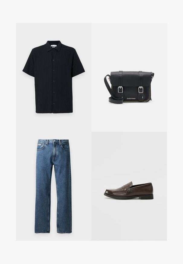 Camisa negra de manga corta con textura acanalada, cierre de botones en el frente y un diseño de cuello clásico. Sin patrones ni acentos visibles.; Vaqueros de mezclilla azul de pierna recta con cintura alta, cierre de botón y cremallera, bolsillos frontales y una pequeña etiqueta blanca de la marca en el bolsillo derecho.; Mocasín de cuero marrón con punta redonda, costuras decorativas y un tacón pequeño y plano. Textura suave con elementos de diseño discretos.; Bolso cruzado de cuero negro con tapa, dos hebillas plateadas, costura amarilla y correa ajustable. Presenta una textura suave y un diseño compacto.