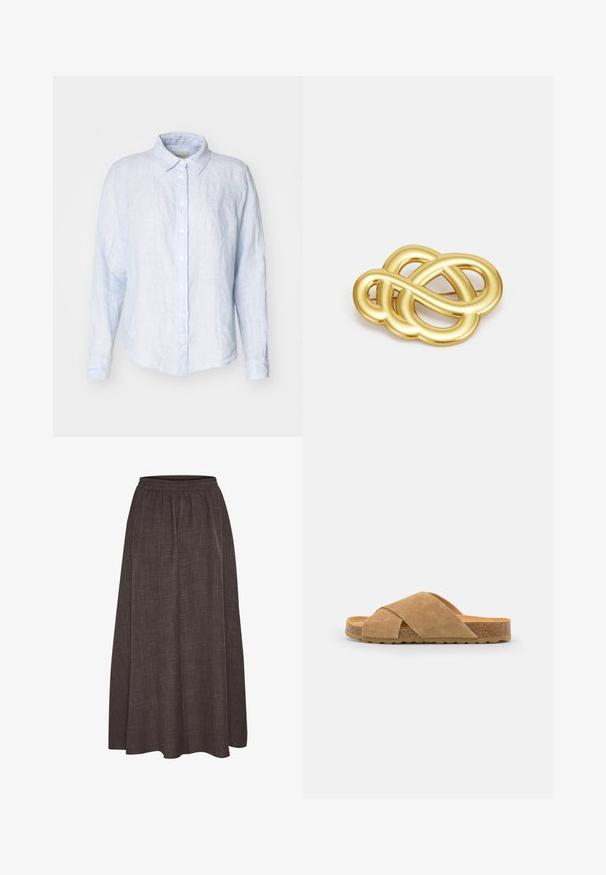 Jasnoniebieska lniana koszula z długim rękawem, z kołnierzykiem i luźnym krojem. Posiada subtelną fakturę oraz standardowe zapięcie na guziki z przodu.; Maxi spódnica w ciemnym brązie, wykonana z teksturowanej tkaniny z elastycznym pasem. Szeroka, swobodna sylwetka nie posiada widocznych wzorów ani akcentów.; Zamszowe sandały na płaskiej podeszwie w jasnobrązowym kolorze, z korkową podeszwą i teksturowaną gumową底, charakteryzujące się szerokim krojem i krzyżowymi paskami.; Brożka w odcieniu złotym z knotowym wzorem, posiadająca gładkie, zaokrąglone linie oraz misterny kształt, odzwierciedlająca wypolerowaną powierzchnię.