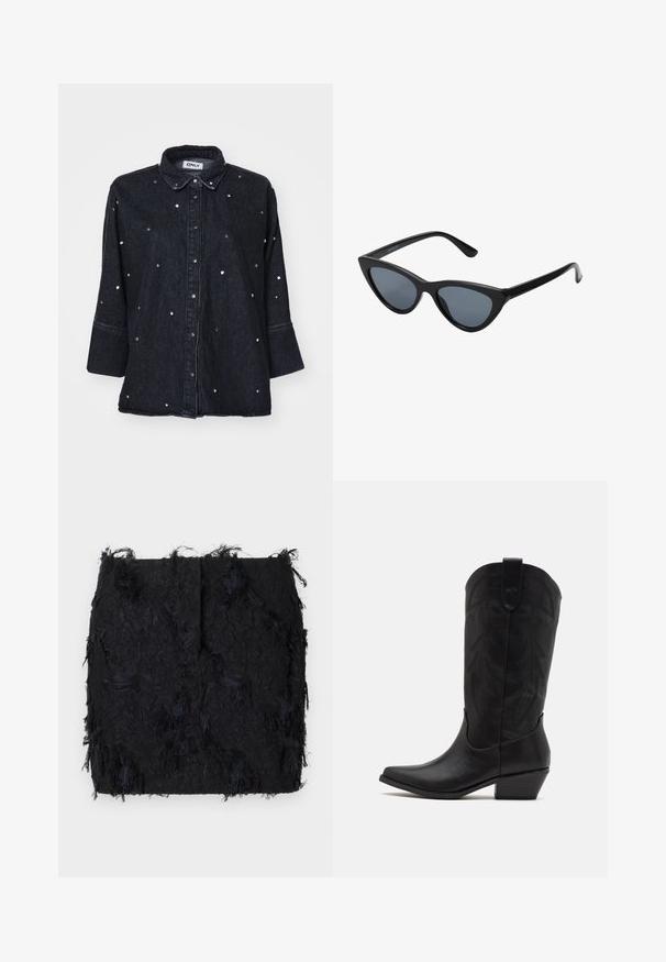 ONLY ONLGRACE 3/4 RHINESTONE - Blus - washed black; Svart texturerad kjol med ett lager av fransar och en något oregelbunden nederkant, tillverkad av ett lättviktigt tyg.; Svarta lädercowboyboots med spetsig tå, låg staplad klack och intrikat präglat bladmönster på skaftet. Ögla upptill för enkel påtagning.; Svart kattögon-solglasögon med mörkgrå linser, slimmad plastbåge, spetsiga hörn och raka skalmar. Ingen synlig hårdvara eller accenter.; Burgunderfärgad läderhandväska med en böjd form, guldiga detaljer på spännena och dragkedjestängning. Utrustad med ett avtagbart axelband.