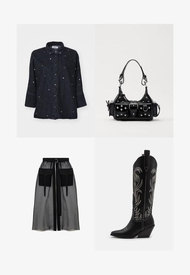 ONLY ONLGRACE 3/4 RHINESTONE - Skjortebluser - washed black; Sort gennemsigtig nederdel med en rynket talje, der har to store forlommer, et taljebånd og en cirkulær metaldetalje.; Sorte læder cowboystøvler med spidse tæer, kilehæle og sølv broderede blomster mønstre langs skaftet. Kontrast syning overalt.; Sort læderhåndtaske med et buet design, prydet med sølvfarvede nitter, en spænde og to sidelommer. Justerbar rem til forskellige bære muligheder.