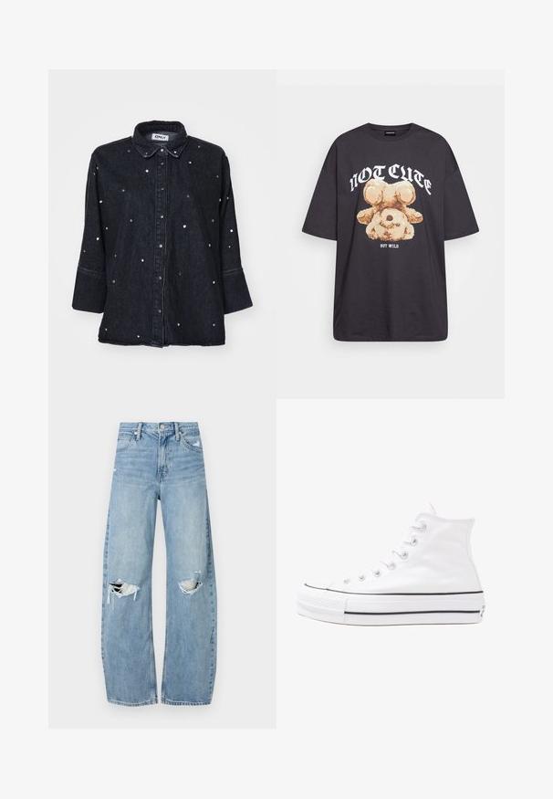 ONLY ONLGRACE 3/4 RHINESTONE - Hemdbluse - washed black; Schwarzes, übergroßes T-Shirt mit einem Grafikdruck eines Bären und dem Text "NICHT SÜß, SONDERN WILD" in fetter, weißer Schrift. Baumwollmaterial.; Helles, hochtailliertes Jeans aus Denim. Hat weit geschnittene Beine, zwei aufgerissene Kniebereiche und klassischen Fünf-Taschen-Stil.; Weiße hochwertige Leinensneaker mit schwarzer Gummisohle, vorderem Gummizehenschutz und sechs Ösen für Schnürsenkel, die ein sauberes, minimalistisches Design aufweisen.