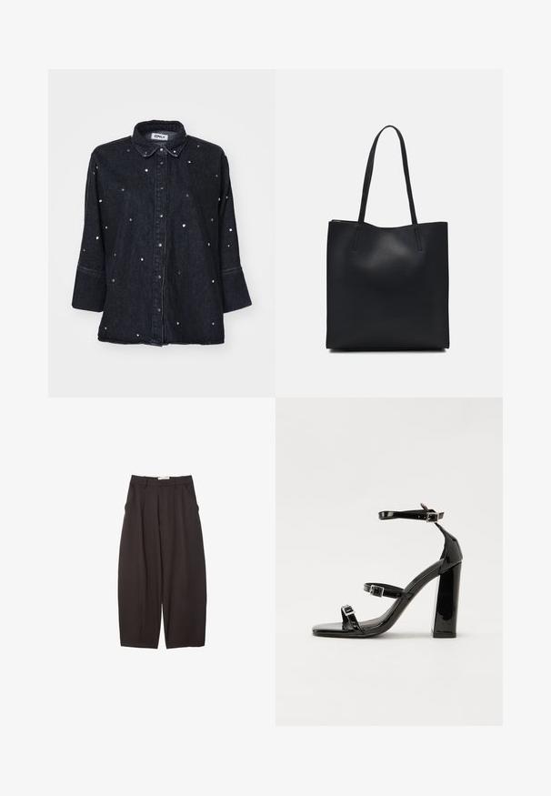 ONLY ONLGRACE 3/4 RHINESTONE - Hemdbluse - washed black; Schwarze weit geschnittene Hosen aus einem glatten Stoff, mit hoher Taille, Frontfalten und Seitentaschen. Schlichtes Design ohne Verzierungen.; Schwarze patentierte Sandalen mit Absatz, quadratischer Spitze, Knöchelriemen und silbernen Schnallen. Mit einem stabilen Blockabsatz für mehr Stabilität.; Schwarze Laptoptasche aus Leder mit glatter Textur, rechteckiger Form und zwei langen Griffen. Keine sichtbaren Beschläge oder Verzierungen.